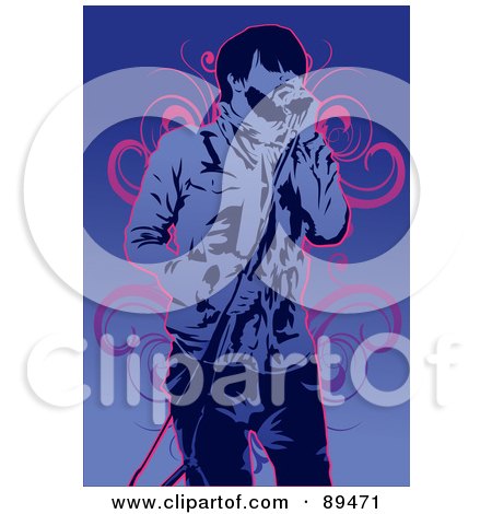 Royalty-Free (RF) Clipart Illustration of a Blue Male Singer With A Microphone, Over Blue With Pink Vines by mayawizard101