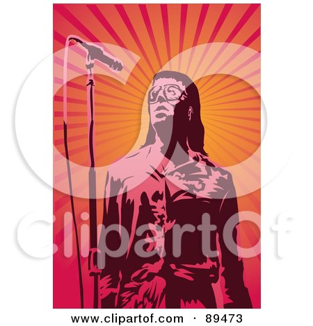 Royalty-Free (RF) Clipart Illustration of a Male Singer Standing Before A Tall Microphone Stand, Over A Burst by mayawizard101
