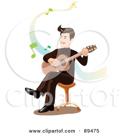 Royalty-Free (RF) Clipart Illustration of a Male Guitarist Strumming His Guitar On A Stool, Over White With Music Notes by mayawizard101