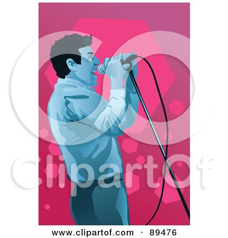 Royalty-Free (RF) Clipart Illustration of a Blue Male Singer Leaning Back And Holding Onto A Microphone Stand by mayawizard101
