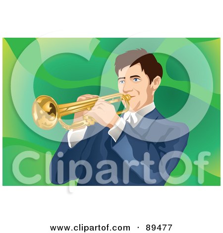 Royalty-Free (RF) Clipart Illustration of a Man Playing A Trumpet, Over Green by mayawizard101