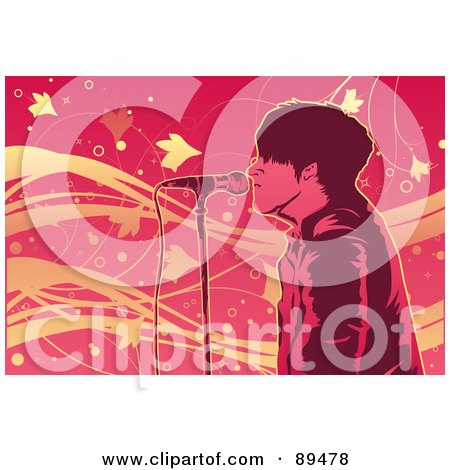 Royalty-Free (RF) Clipart Illustration of a Male Singer Up Against A Microphone, Over Pink With Waves by mayawizard101