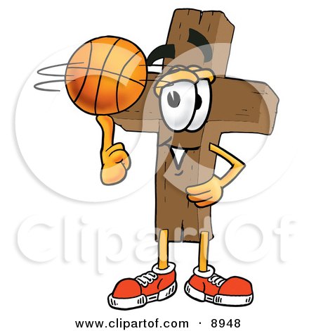 Clipart Picture of a Wooden Cross Mascot Cartoon Character Spinning a Basketball on His Finger by Mascot Junction