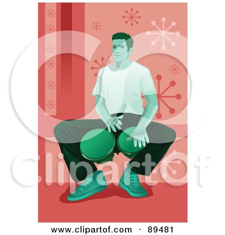 Royalty-Free (RF) Clipart Illustration of a Green Man Sitting And Playing Bongo Drums, Over Pink by mayawizard101