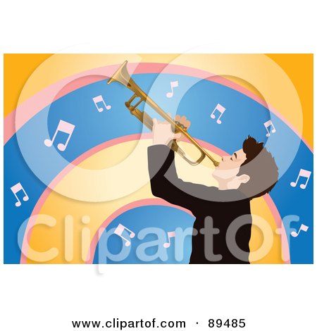 Royalty-Free (RF) Clipart Illustration of a Man Playing A Trumpet, Over Orange, Pink And Blue Music Note Arches by mayawizard101