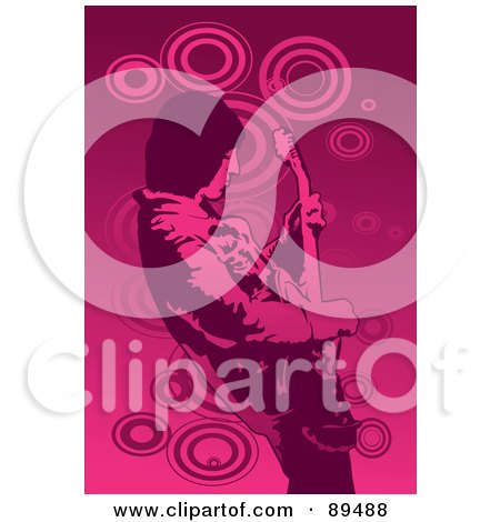 Royalty-Free (RF) Clipart Illustration of a Pink Male Guitarist Leaning Back, Over Pink With Circles by mayawizard101