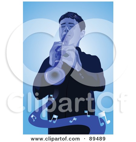 Royalty-Free (RF) Clipart Illustration of a Blue Man Playing The Clarinet, With Music Notes Over Blue by mayawizard101