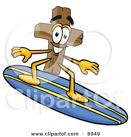 Clipart Picture of a Wooden Cross Mascot Cartoon Character Surfing on a Blue and Yellow Surfboard by Mascot Junction