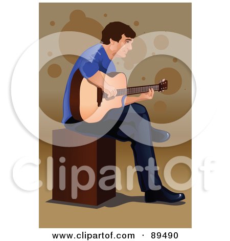 Royalty-Free (RF) Clipart Illustration of a Male Guitarist Sitting On A Wooden Block by mayawizard101