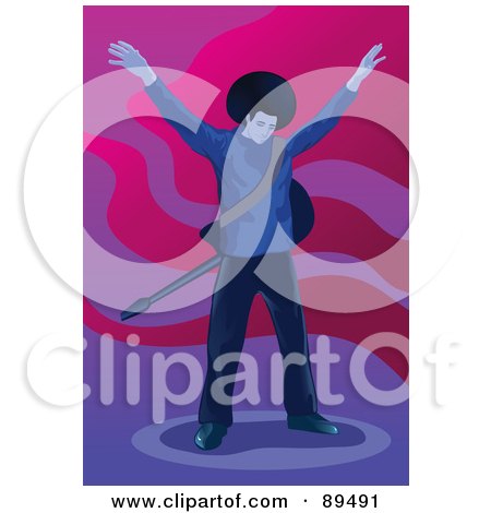 Royalty-Free (RF) Clipart Illustration of a Male Guitarist Holding His Arms Up After A Performance by mayawizard101