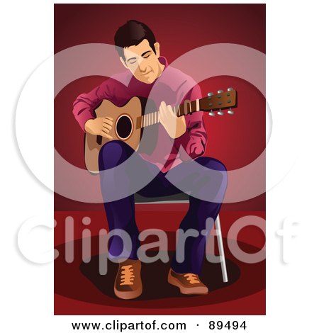 Royalty-Free (RF) Clipart Illustration of a Male Guitarist Leaning Over His Guitar And Sitting In A Chair by mayawizard101