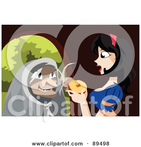 Royalty-Free (RF) Clipart Illustration of an Old Witch Urging Snow White To Eat A Poisoned Apple by mayawizard101