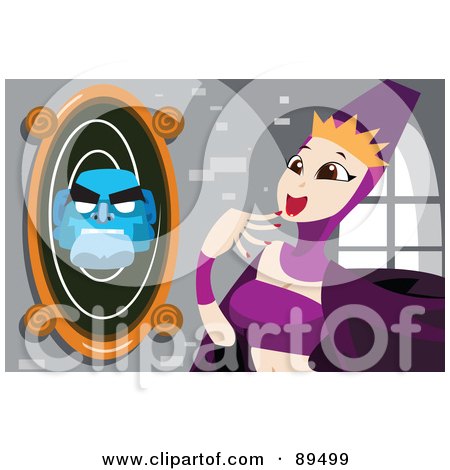 Royalty-Free (RF) Clipart Illustration of Snow White's Evil Stepmother Standing Before A Magic Mirror by mayawizard101
