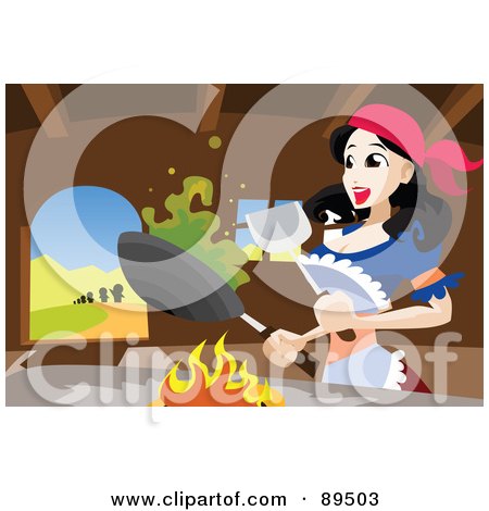 Royalty-Free (RF) Clipart Illustration of Snow White Cooking In The Dwarfs Kitchen by mayawizard101