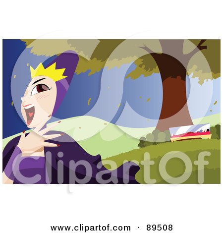 Royalty-Free (RF) Clipart Illustration of Snow White's Evil Stepmother Laughing And Walking Away From Sleeping Snow White by mayawizard101
