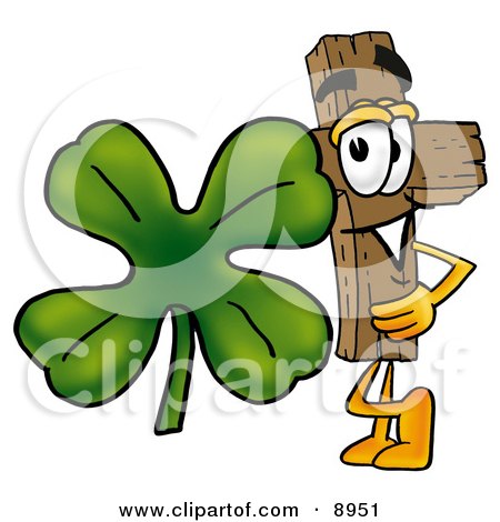 Clipart Picture of a Wooden Cross Mascot Cartoon Character With a Green Four Leaf Clover on St Paddy's or St Patricks Day by Mascot Junction