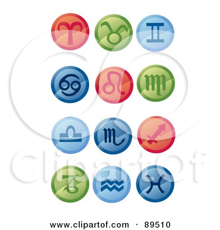 Royalty-Free (RF) Clipart Illustration of a Digital Collage Of Round Red, Green And Blue Horoscope App Icons by mayawizard101