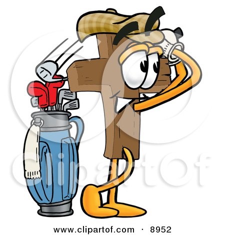 Clipart Picture of a Wooden Cross Mascot Cartoon Character Swinging His Golf Club While Golfing by Mascot Junction