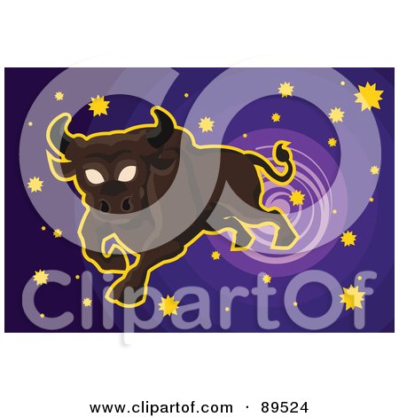 Royalty-Free (RF) Clipart Illustration of a Leaping Taurus Bull With Stas In A Purple Sky by mayawizard101