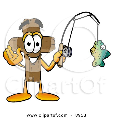 Clipart Picture of a Wooden Cross Mascot Cartoon Character Holding a Fish on a Fishing Pole by Mascot Junction