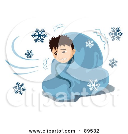 Royalty-Free (RF) Clipart Illustration of a Sick Man Shivering In A Blanket, Surrounded By Snowflakes by mayawizard101