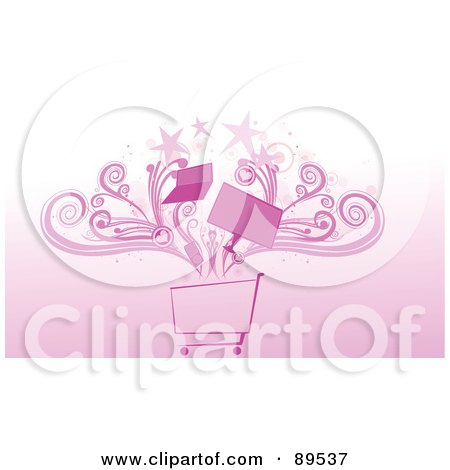 Royalty-Free (RF) Clipart Illustration of a Pink Shopping Cart With Swirls And Stars Over Pink by mayawizard101