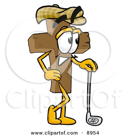 Clipart Picture of a Wooden Cross Mascot Cartoon Character Leaning on a Golf Club While Golfing by Mascot Junction