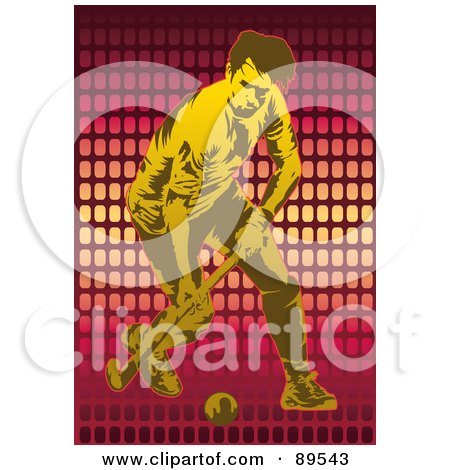 Royalty-Free (RF) Clipart Illustration of a Yellow Male Field Hockey Player Over Pink Mesh by mayawizard101