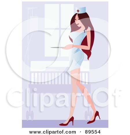 Royalty-Free (RF) Clipart Illustration of a Sexy Brunette Nurse In Heels And A White Dress by mayawizard101