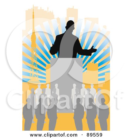 Royalty-Free (RF) Clipart Illustration of a Silhouetted Businessman Speaking To A Crowd by mayawizard101