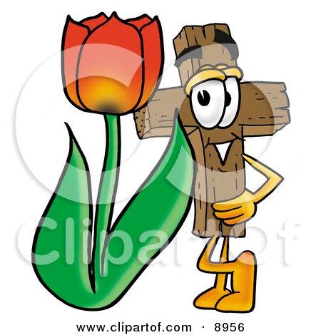 Clipart Picture of a Wooden Cross Mascot Cartoon Character With a Red Tulip Flower in the Spring by Mascot Junction