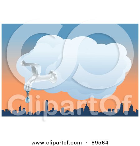 Royalty-Free (RF) Clipart Illustration of a Dripping Faucet In A Cloud Over A City by mayawizard101