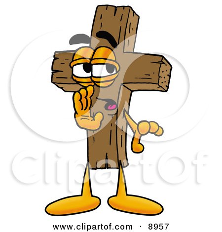 Clipart Picture of a Wooden Cross Mascot Cartoon Character Whispering and Gossiping by Mascot Junction