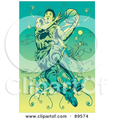Royalty-Free (RF) Clipart Illustration of a Male Basketball Player Jumping With A Ball In Hand by mayawizard101