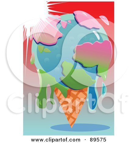 Royalty-Free (RF) Clipart Illustration of The Sun Shining Down On A Melting Globe Ice Cream Cone by mayawizard101