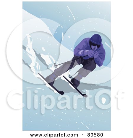 Royalty-Free (RF) Clipart Illustration of a Male Skier Leaning Forward And Going Down Hill by mayawizard101