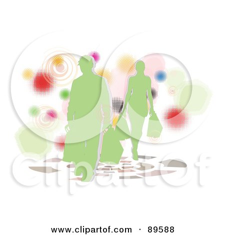 Royalty-Free (RF) Clipart Illustration of Green Shoppers Over White With Halftone Circles by mayawizard101