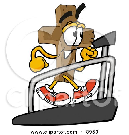 Clipart Picture of a Wooden Cross Mascot Cartoon Character Walking on a Treadmill in a Fitness Gym by Mascot Junction