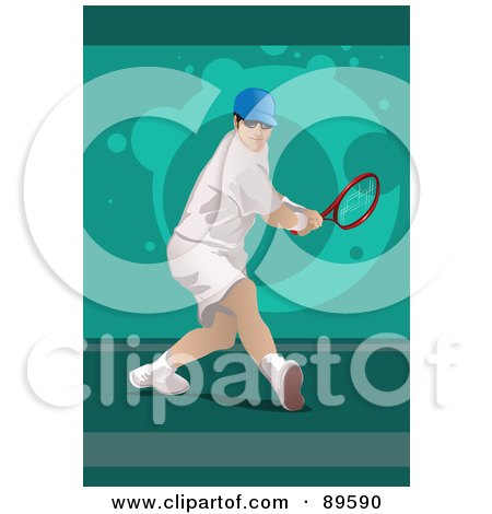 Royalty-Free (RF) Clipart Illustration of a Male Tennis Player Twisting His Body To Hit A Ball by mayawizard101