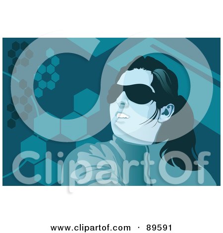 Royalty-Free (RF) Clipart Illustration of a Woman Wearing Sunglasses And Looking Left Over Blue by mayawizard101