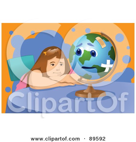 Royalty-Free (RF) Clipart Illustration of a School Girl Gazing At A Bandaged Globe by mayawizard101