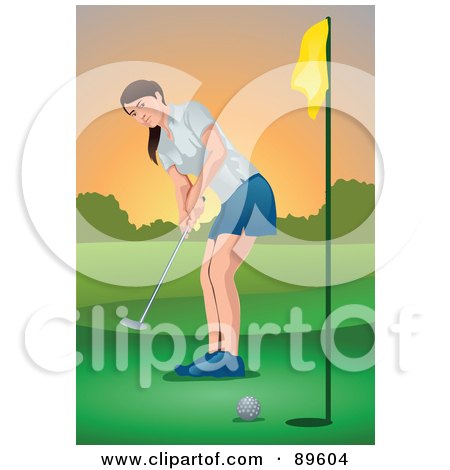 Royalty-Free (RF) Clipart Illustration of a Woman Watching Her Golf Ball Go Into A Hole by mayawizard101