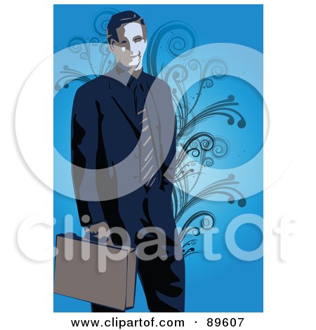 Royalty-Free (RF) Clipart Illustration of a Businessman In A Blue Suit, Over Blue With Vines by mayawizard101