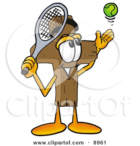 Clipart Picture of a Wooden Cross Mascot Cartoon Character Preparing to Hit a Tennis Ball by Mascot Junction