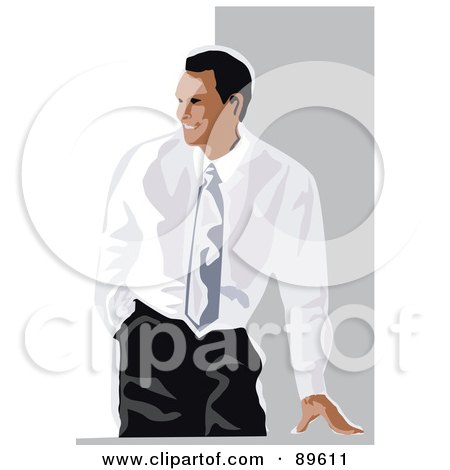 Royalty-Free (RF) Clipart Illustration of a Businessman With One Hand On A Desk, Smiling And Looking Left by mayawizard101