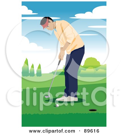Royalty-Free (RF) Clipart Illustration of a Focused Male Golfer Aiming Near A Hole by mayawizard101