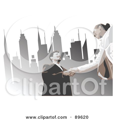 Royalty-Free (RF) Clipart Illustration of a Business Woman And Man Shaking Hands Under Urban Skyscrapers by mayawizard101