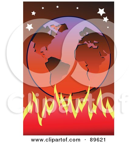 Royalty-Free (RF) Clipart Illustration of a Fire Blazing Under A Hot Earth Under The Stars by mayawizard101