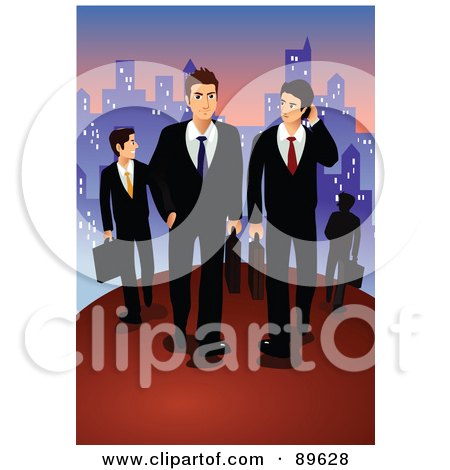 Royalty-Free (RF) Clipart Illustration of a Team Of Professional Business Men Walking Through A City At Dusk by mayawizard101