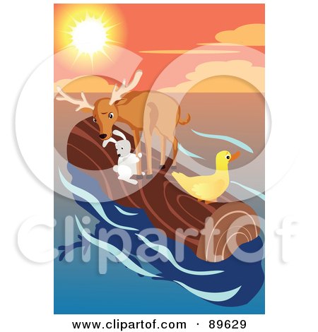 Royalty-Free (RF) Clipart Illustration of a Deer, Duck And Bunny Floating On A Log by mayawizard101